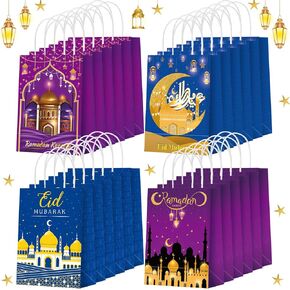 Yeaqee 24 Pcs Eid Mubarak Gift Bags Ramadan Party Favor Bags Eid Goodie Bags with Handles Eid Paper Bags for Kids Muslim Eid Al Fitr Bags for Moon Lantern Holiday Party Supplies