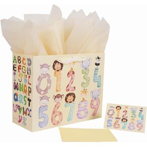 Ranfashiong 13" Large Boy and Girl Birthday Gift Bag with Tissue Paper Greeting Card for Baby Shower Party (ABC Animal Number 1PCS)