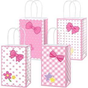 Justforjoyful 24Pcs Pink Cat Gift Bags Cartoon Cute Cat Party Favors Cute Kitty Candy Treat Candy Bags with Handles Bow Tie Flower Party Paper Bag for Baby Shower Birthday Party Decorations Supplies