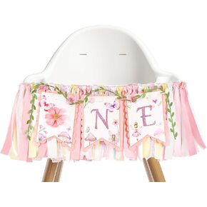 Highchair Banner 1st Birthday Girl Floral and Butterfly Fairy Theme Party Decoration One Photo Background