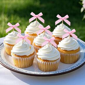 Pink Bow Cupcake Toppers, Pink Bow Cake Topper Birthday Decorations, 48Pcs Mini Bowknot Cupcake Picks for Coquette Theme Party Decoration Bachelorette Bridal Engagement Wedding Baby Shower Party Decor