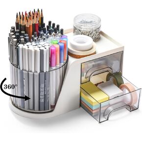 Rotating Desk Organizer with 2 Drawer, Pencil Pen Holder for Desk, Desk Organizers and Accessories with 4 Compartments + Drawer for Office Home Art Supplies (White)