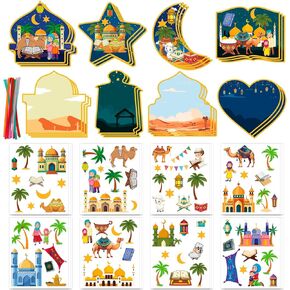 HOWAF 24 pcs Eid Mubarak and Ramadan Kareem Craft Stickers Kit Make Your Own Ramadan Eid Stickers Party Decorations, DIY Muslim Moon Castle Star Lantern Hanging Ornament for Mubarak Holiday Party