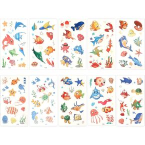 Ocean Temporary Tattoos Stickers, 10 Sheet Ocean Fish Stickers, Water Bottle Stickers Sea Animal Creature Summer Beach Shark Whale Foam Fish Stickers for Kids Under The Sea Party Decorations Favors