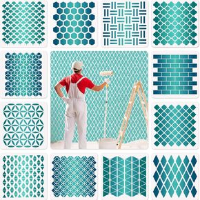 12 Sets Geometric Honeycomb Stencils Painting Art Templates Stencils for Scrapbooking Drawing Tracing DIY Furniture Wall Floor Decor (11.8 x 11.8 Inch)