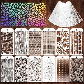 12 Pcs Texture Stencils, Mixed Midea Stencils for Painting, Painting Stencils for Crafts Reusable, Leopard Brick Dot Music Brick Layering Stencils for Fabric Wood Wall 9X5, Templates for Painting