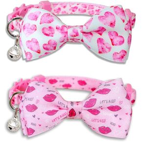Pohshido Valentine's Day Cat Collar with Bow Tie Bell & Charms Breakaway Heart Design Collar for Male and Female Cats, Adjustable Holiday Kitten Collar for Boys & Girls
