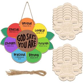 Anglechic 12 Sets Sunday School Craft for Kids God Says You are Sunflower Craft Christian Wooden Painting DIY Activities Religious Bible Sunflower Gifts with String for Sunday School Church Home