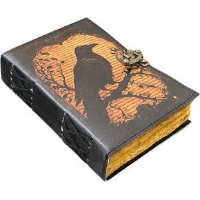 Raven Vintage Leather Journal Blank Spell Book of Shadows, Grimoire Travel Writing Notebook with Antique Deckle Edge Paper, Lock Closure, and Gothic Raven Design Great for Witchcraft, Halloween Lovers gifts for him her