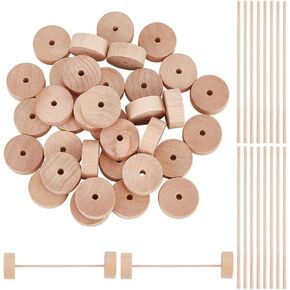 DELORIGIN 36 Pack Wood Craft Wheels with 18Pcs Wood Sticks, Slab Mini Wooden Wheels with 0.16 inch Holes, Unfinished Flat Craft Wheels for Crafts DIY Toy Cars Painting Colors Wood Working Pegboards