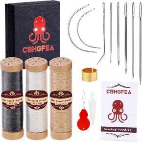 CBHGFEA 14 PCS مجموعة من المفروشات طقم خياطة جلدية مع 6 إبرة خياطة شديدة التحمل ، 2 PCS إبرة منحنية و 3 أجزاء من خيط مشمع للجلد ، إصلاح سجاد القماش