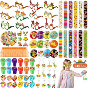 Honoson 134 Pcs Fiesta Party Favors Bulk Mexican Eyeglasses Keychains Slap Bracelets Stickers Button Pins Rings Stamper Goodie Bag Filler for Cinco De Mayo Birthday Day of the Dead Taco Party Supplies