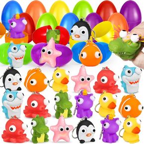 Letapapa 24 Pcs Easter Eggs Filled with Eye Popping Keychain, Squeeze Fidget Toys for Toddler Easter Basket Stuffers, Easter Egg Hunt, Easter Party Favors Classroom Prizes for Kids