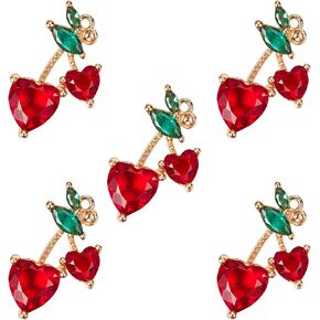 5PCS Cubic Zirconia Cherry Charms,18K Gold Plated Crystal Cherry Pendants,Fruit Charms with CZ Stone for Earrings Jewelry Making and DIY Crafts