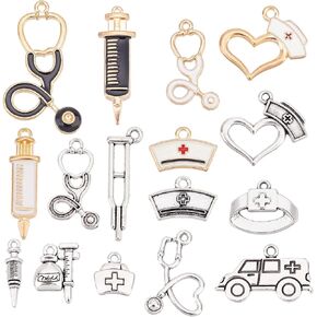 SUNNYCLUE 1 Box 72Pcs Nurse Charms Medical Charms Doctor Charm Enamel Stethoscope Syringe Nurse Cap Hat Charms for Jewelry Making Charm Nurse Day Nurse's Week Earrings Bracelet Keychain DIY Supplies