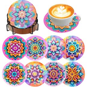 Meothan 8 PCS Coasters Art Coasters Coasts للبالغين - أدوات Diamond Painting Coasters للبالغين مع حامل Cork Pads DIY Mandala Diamond Art Dots Coasters Coaster