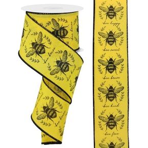 Classic Honey Bees Wired Edge Ribbon for Bows, Wreaths, Gift Wrap, Crafts and Decorations, Summer, Spring, Easter, 2.5" Wide x 10 Yards (Sun Yellow, Black)