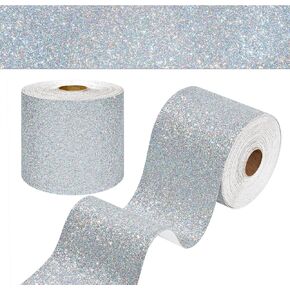 Westick Silver Glitter Borders لألواح الإعلانات 160 "× 4" لامعة من خلفية الحدود لفة الحدود لفة ملصقات ملصقات ملصقات للاصوص على شرائح زخرفة الحفلات الدراسية المدرسية.