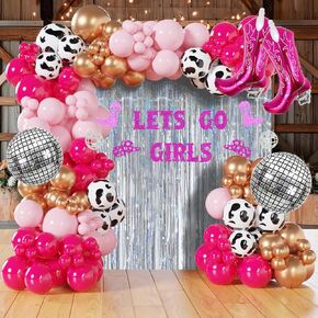 Pink & Rose Gold Cow Print Balloon Arch, Disco Boot Foil Balloons, 111Pcs Cowgirl Bachelorette Party Decorations Kit - 'Lets Go Girls' Banner - Perfect for Last Rodeo, Western, & Bachelorette Parties