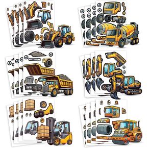 24 Make A Construction Truck Stickers for Kids - Create Your Own Escavator, Dump Truck, Cement Mixer, Roller, Front Loader, & Fork Lift - Easy to Use, No Mess Truck Sticker Sheets - Great Party Favor