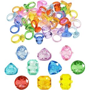 100 PCS Plastic Acrylic Rings Multiple shapes Assorted Colors Diamond Rings for Party Favors Girl Birthday Present Prize Carnival Toy Goodie Bag for Kids