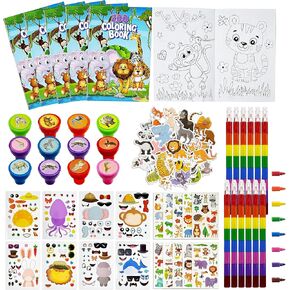 110 Pcs Jungle Safari Party Favors, Zoo World Coloring Books Stacking Crayons Wild Animals Tattoo DIY Sticker Stampers Classroom Rewards Gift Prizes Goodie Bag Fillers Supplies