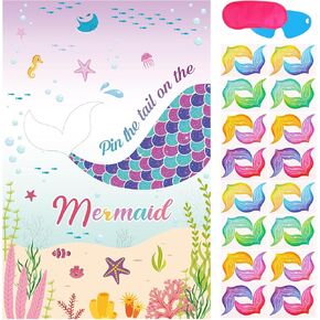 Hooqict Pin The Tail on The Mermaid Birthday Party Game Under The Sea Party Games Mermaid Games Favors for Kids Mermaid Birthday Supplies Decorations, Large Mermaid Poster with 32 Tail Stickers