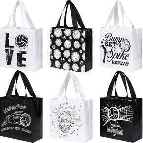 12 PCS Collleball Gift Bag - حقائب الحفلات غير المنسوجة من أجل الرياضة ، و 6 تصميمات أسود أبيض حمل مع مقابض - مثالية للأطفال والبالغين حفلة عيد ميلاد ، واستحمام الطفل ، وأحداث الفريق