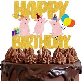 Glitter Three Pig Happy Birthday Cake Topper,Cute Animals Pig Birthday Cake Decor For Baby Shower,Animals Theme Happy Birthday Party Decorations