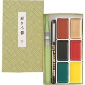 Kuretake IRODORI KOBAKO Green, Gansai Tambi 6 Colors Set, Handcrafted, Professional-Quality Pigment Inks for Artists and Crafters, AP-Certified, Blendable, Show up on Dark Papers, Made in Japan