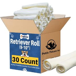 Petcare Dog Rawhide Retriever Rolls (9-10" - 30 Pack) - Dog Rawhide Bones - Extra Thick Beef Dog Chews - Healthy Single Ingredient Long Lasting Grass Fed Dogs Treats