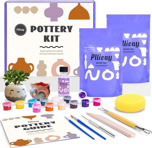 Pllieay Pottery Kit for Adults, Air Dry Clay Kit Pottery Starter Kit for Beginners Pottery Painting Kit Includes Sculpting Tools, Varnish, Paint Brushes, and Instruction in Saudi Arabia