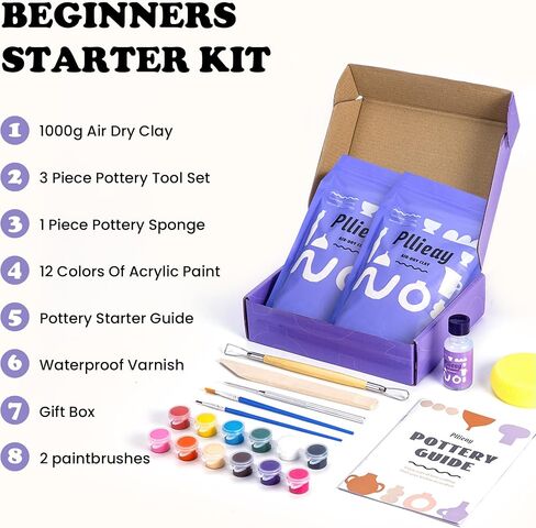 Pllieay Pottery Kit for Adults, Air Dry Clay Kit Pottery Starter Kit for Beginners Pottery Painting Kit Includes Sculpting Tools, Varnish, Paint Brushes, and Instruction in Saudi Arabia