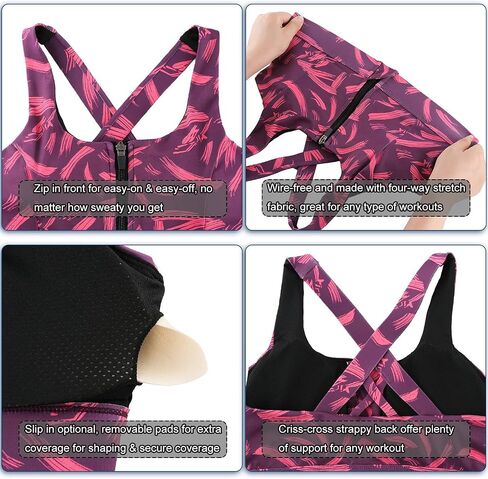 Cordaw Zipper in Front Sports Bra High Impact Strappy Back Support Workout Top in Kuwait