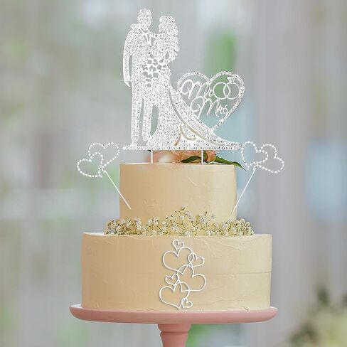 Spiareal 4 PCS كعكة الزفاف Topper Mr و Mrs Rhinestone Bride and Groom Love Cake Topper Crystal Crystal Heart على شكل مشاركة سعيدة للذكرى السنوية in Kuwait
