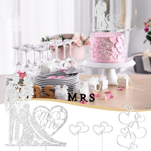 Spiareal 4 PCS كعكة الزفاف Topper Mr و Mrs Rhinestone Bride and Groom Love Cake Topper Crystal Crystal Heart على شكل مشاركة سعيدة للذكرى السنوية in Kuwait