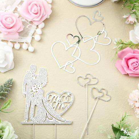Spiareal 4 PCS كعكة الزفاف Topper Mr و Mrs Rhinestone Bride and Groom Love Cake Topper Crystal Crystal Heart على شكل مشاركة سعيدة للذكرى السنوية in Kuwait
