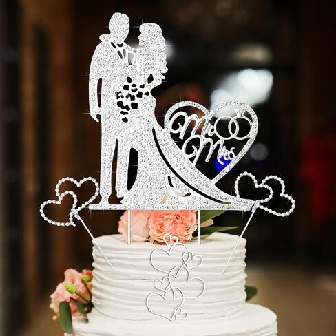 Spiareal 4 PCS كعكة الزفاف Topper Mr و Mrs Rhinestone Bride and Groom Love Cake Topper Crystal Crystal Heart على شكل مشاركة سعيدة للذكرى السنوية in Kuwait