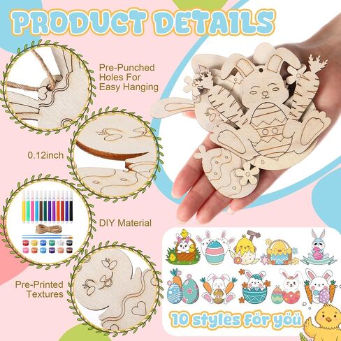Blosssound 40 Pcs Easter Wooden Ornaments Sea Animal Shark Unfinished Wood Crafts to Paint Predrilled Circles Kit Craft for Decor with Rope and Paints Hanging Present Tags(Egg) in Saudi Arabia