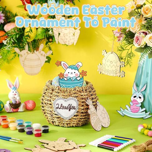 Blosssound 40 Pcs Easter Wooden Ornaments Sea Animal Shark Unfinished Wood Crafts to Paint Predrilled Circles Kit Craft for Decor with Rope and Paints Hanging Present Tags(Egg) in Saudi Arabia