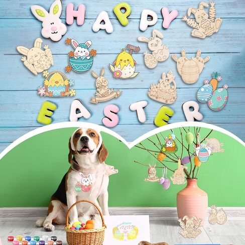 Blosssound 40 Pcs Easter Wooden Ornaments Sea Animal Shark Unfinished Wood Crafts to Paint Predrilled Circles Kit Craft for Decor with Rope and Paints Hanging Present Tags(Egg) in Saudi Arabia