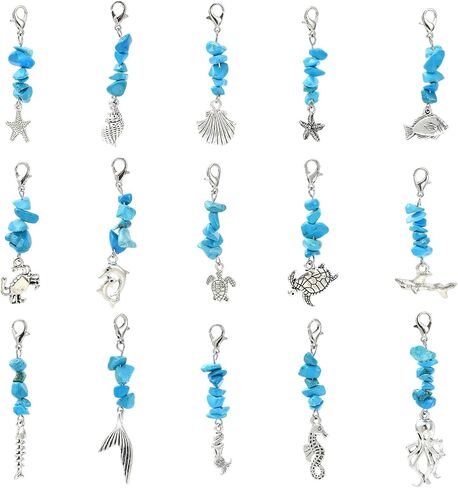 LiQunSweet 30 pcs 15 Styles Ocean Theme Alloy Keychain Charms Fish Turtles Octopus Charms with Turquoise for Knitting DIY Jewelry Craft Keychain Bag Decoration in Kuwait