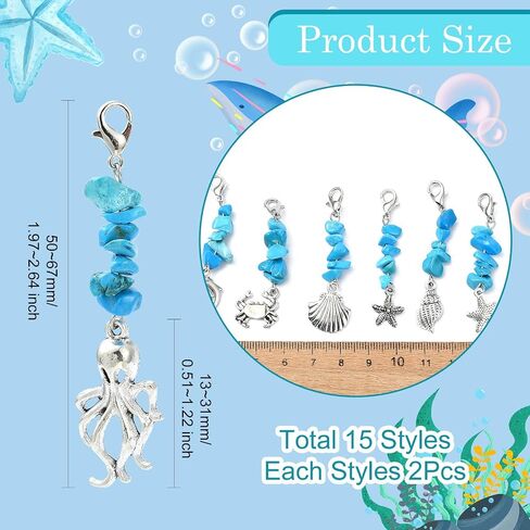 LiQunSweet 30 pcs 15 Styles Ocean Theme Alloy Keychain Charms Fish Turtles Octopus Charms with Turquoise for Knitting DIY Jewelry Craft Keychain Bag Decoration in Kuwait