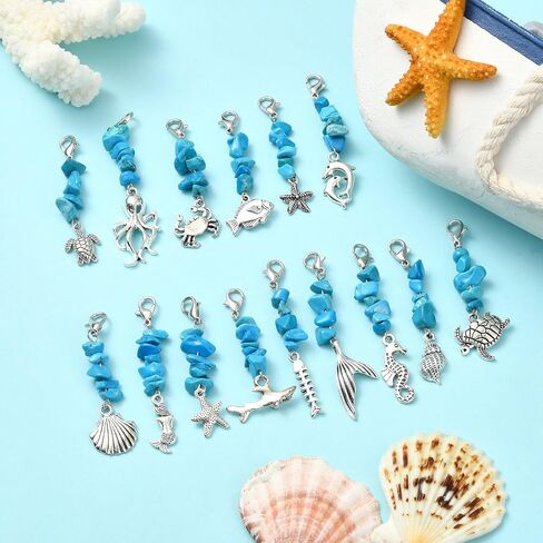 LiQunSweet 30 pcs 15 Styles Ocean Theme Alloy Keychain Charms Fish Turtles Octopus Charms with Turquoise for Knitting DIY Jewelry Craft Keychain Bag Decoration in Kuwait