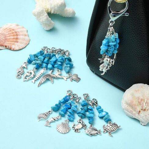 LiQunSweet 30 pcs 15 Styles Ocean Theme Alloy Keychain Charms Fish Turtles Octopus Charms with Turquoise for Knitting DIY Jewelry Craft Keychain Bag Decoration in Kuwait