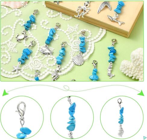 LiQunSweet 30 pcs 15 Styles Ocean Theme Alloy Keychain Charms Fish Turtles Octopus Charms with Turquoise for Knitting DIY Jewelry Craft Keychain Bag Decoration in Kuwait