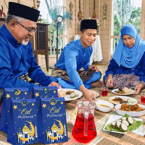 Nezyo 28 Pack Eid Mubarak Party Favor Paper Bags Eid Al Fitr Candies Goodies Mosque Ramadan Theme Printed Pattern Gift Bags for Muslim Al-adha Party Decoration Supplies(Blue) in Saudi Arabia