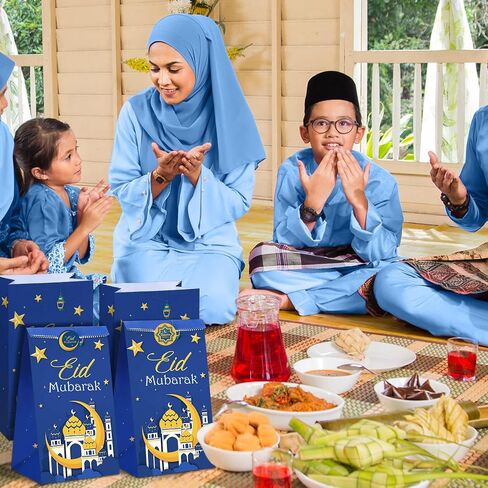 Nezyo 28 Pack Eid Mubarak Party Favor Paper Bags Eid Al Fitr Candies Goodies Mosque Ramadan Theme Printed Pattern Gift Bags for Muslim Al-adha Party Decoration Supplies(Blue) in Saudi Arabia