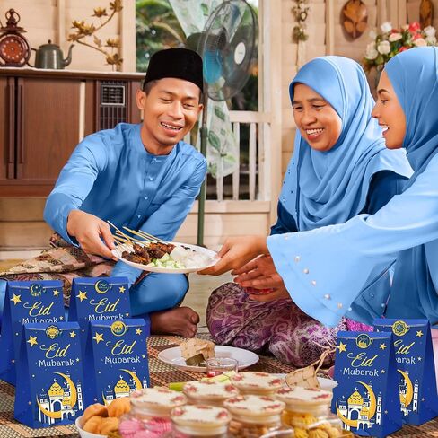 Nezyo 28 Pack Eid Mubarak Party Favor Paper Bags Eid Al Fitr Candies Goodies Mosque Ramadan Theme Printed Pattern Gift Bags for Muslim Al-adha Party Decoration Supplies(Blue) in Saudi Arabia