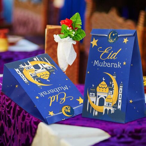 Nezyo 28 Pack Eid Mubarak Party Favor Paper Bags Eid Al Fitr Candies Goodies Mosque Ramadan Theme Printed Pattern Gift Bags for Muslim Al-adha Party Decoration Supplies(Blue) in Saudi Arabia